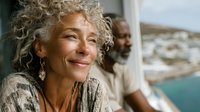 Mature African American woman with curly gray hair smiling warmly at camera while relaxing at home with partner in background creating intimate lifestyle moment.