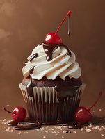 Chocolate cupcake with vanilla frosting topped with cherry and chocolate drizzle on brown background for bakery dessert menu design.