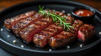 Juicy grilled beef steak sliced and served on black plate with fresh rosemary sprig and sauce, medium rare cooking with golden crust and pink center.