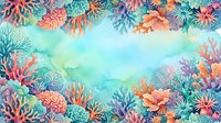 Watercolor coral reef frame with vibrant sea life border on turquoise background for marine themed designs and tropical ocean artwork projects.