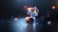 Glowing transparent cube with stock market chart floating in dark space with bokeh lights and particles, financial technology concept for trading.