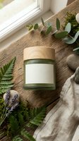 Natural skincare jar with wooden lid surrounded by eucalyptus, ferns and stones on rustic wood surface near window for organic beauty product branding.
