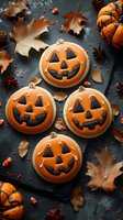 Halloween pumpkin cookies with jack-o-lantern faces on dark slate surrounded by autumn leaves, spices and decorative pumpkins for seasonal baking.