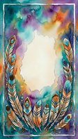 Watercolor feathers frame with vibrant rainbow colors and blank space for text. Boho tribal design for invitations, cards, and spiritual artwork.