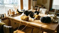 Young woman with dark hair and medium skin tone, wearing casual clothing, lying on wooden table surrounded by yarn balls and knitting supplies in bright studio workspace with natural light, suitable for craft, hobby, and creative lifestyle content.