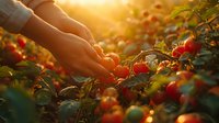 Hands picking fresh ripe red tomatoes from plants in garden at golden sunset hour, organic farming and harvest concept.