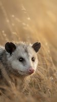 Adorable opossum portrait in golden autumn grass with warm sunlight creating natural wildlife photography for educational and nature content.