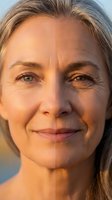 Close-up portrait of mature Caucasian woman with blonde hair and gentle smile in warm golden sunlight showcasing natural aging and skincare confidence.