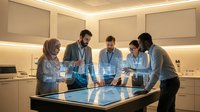 Business team collaborating with holographic data visualization technology in modern office conference room for strategic planning and analysis.