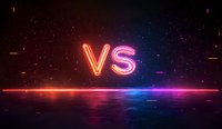 Glowing neon VS letters on dark background with red and blue light reflection on glossy surface, starry space atmosphere for game or competition design.
