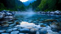 Tranquil mountain stream with morning mist rising over turquoise water, surrounded by pine forest and rocky riverbed, reflecting soft dawn light and creating atmospheric mood.