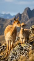 Vicuña mother and baby calf standing on rocky mountain terrain with dramatic peaks in background, showcasing wildlife family bond in natural habitat.