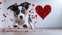 Playful Australian Shepherd puppy jumping with red glitter heart and falling heart confetti on light background. Valentine's day pet portrait with romantic mood.