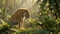 Tiger walking through lush forest with golden sunlight filtering through dense vegetation and foliage in natural habitat environment.