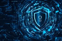 Glowing blue shield with keyhole icon surrounded by digital circuit patterns and binary code elements on dark background for cybersecurity concepts.