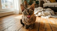 Adorable tabby cat sitting on wooden floor with tongue out in cozy living room interior. Pet photography for home decor and animal lover content.