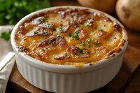 Creamy potato gratin with golden cheese crust and fresh herbs, served in white ramekin on wooden board for elegant dinner presentation.