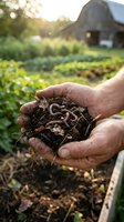 Farmer hands holding rich compost soil with earthworms in organic garden with barn background for sustainable agriculture and eco-friendly farming practices.