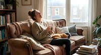Young woman relaxing on cozy leather sofa with coffee cup in bright living room with books and plants creating peaceful home atmosphere.