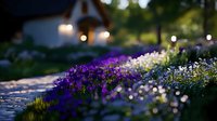 Evening garden path lined with blooming purple pansies and white daisies, illuminated by soft bokeh lights creating magical atmosphere at dusk.