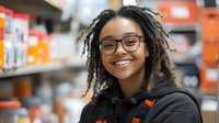 Young African American woman with natural curly hair and glasses smiling warmly in retail environment wearing black hoodie, expressing genuine joy and confidence.