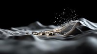 Glowing particles rise from abstract silver waves creating magical light effect against dark background, modern minimalist artistic composition.