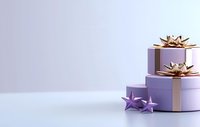 Elegant purple gift boxes with gold bows and decorative stars on light background, copy space for holiday greeting or celebration message.