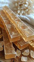 Stacked golden honey candy bars with crystalline texture and broken pieces on wooden surface, soft white flower in background, macro food photography.