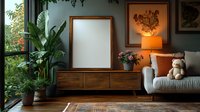 Cozy living room interior with wooden sideboard, empty frame, gray sofa, teddy bear, potted plants and warm lighting creating relaxing home atmosphere.