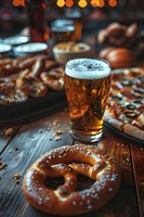 Fresh draft beer in glass with traditional German pretzel on rustic wooden table. Perfect for Oktoberfest menu, pub advertising or beer garden promotion. Atmospheric evening lighting creates cozy mood