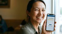 Smiling middle-aged Asian woman showing smartphone with 5-star rating app review, customer satisfaction feedback concept for business marketing and service quality.