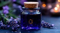 Mystical blue potion in vintage glass bottle with cork stopper, surrounded by fresh lavender sprigs and soft bokeh lights on dark background.