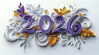 Decorative paper art composition with 2026 numbers in purple, white and gold tones adorned with floral elements and swirls on light background. Elegant quilling design.