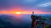 Silhouette of person with arms raised on mountain cliff edge against dramatic sunset sky with vibrant orange and purple colors over misty valley landscape.