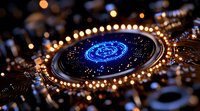 Glowing blue cryptocurrency symbol on electronic circuit board with golden bokeh lights and digital connections, futuristic financial technology concept.