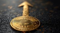 Golden cryptocurrency coin with upward arrow symbol on dark textured background, representing digital currency market growth and investment opportunities.