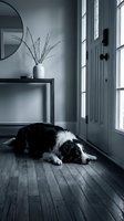 Border collie dog resting on wooden floor in modern minimalist entryway with console table, round mirror and natural light from windows.