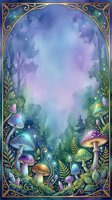 Enchanted forest landscape with glowing mushrooms, magical woodland plants, and starlit sky framed by ornate golden border, suitable for fantasy book covers, wall art, and mystical themed designs.