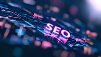 Glowing SEO text with digital network connections on dark background, neon blue and pink colors create futuristic technology visualization for marketing designs.