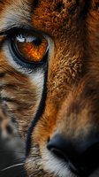 Extreme close-up of a fox's amber eye and facial features showing detailed fur texture and intense gaze, captured in dramatic natural lighting with rich orange tones.