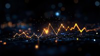Glowing golden graph line showing financial market trends against dark background with bokeh lights and sparkles. For business and finance presentations.