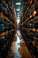 Rows of stacked car tires on wooden shelves in large warehouse with narrow aisle and wet floor, illuminated by overhead lights.