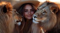 Young Caucasian woman in brown hat between two majestic lions at sunset, warm golden light creating magical atmosphere for wildlife photography and nature concept.