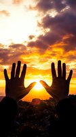 Silhouette of hands reaching toward golden sunset sky with dramatic clouds, symbolizing hope, freedom, spirituality and connection with nature.