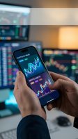 Hands holding smartphone displaying cryptocurrency portfolio and trading charts with blurred financial data screens in modern office background for investment apps.