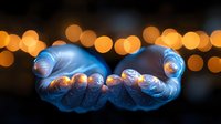 Glowing magical lights floating above cupped hands against dark background with bokeh effect, creating mystical atmosphere for fantasy and spiritual concepts.