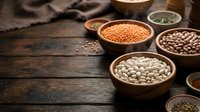 Assorted legumes and grains in wooden bowls on rustic dark wood surface, including lentils, beans, and seeds for cooking and nutrition.
