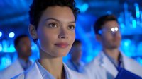Young mixed race female scientist in white lab coat with colleagues in modern laboratory illuminated by blue technological lighting and equipment.