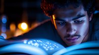 Young African American man illuminated by blue light from digital device screen at night, creating dramatic lighting and modern technology atmosphere.