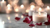 Romantic glowing candle in glass holder with scattered red rose petals against soft bokeh lights background creates intimate atmosphere for Valentine's day or wedding.